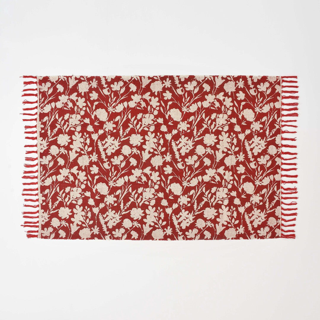 Red and White Nature Floral Print Rug