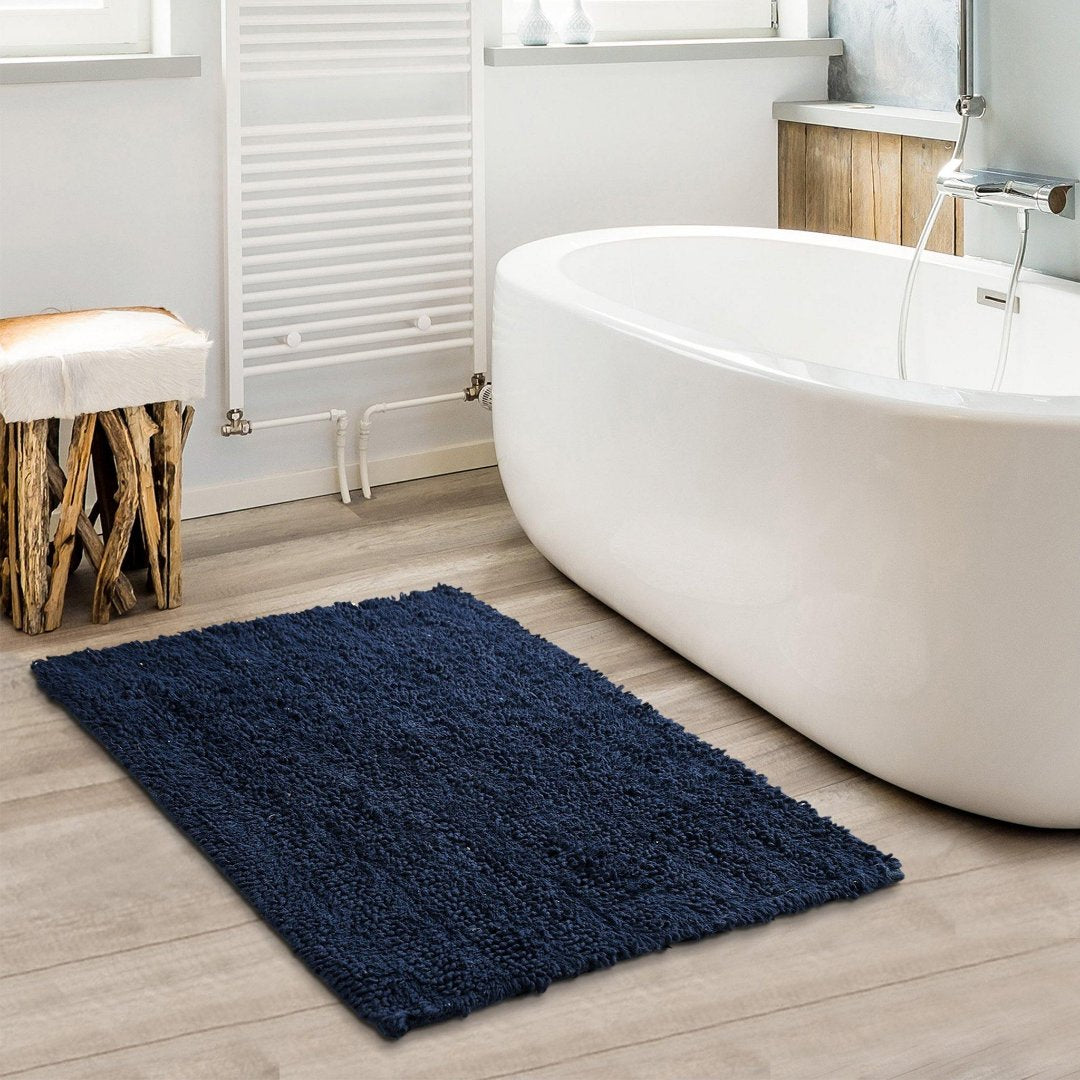 Navy Blue Tufted Striped Bathroom Rug- sashaaworld