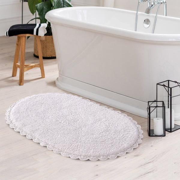 Reversible Oval Shaped Bathroom Rug- White- sashaaworld