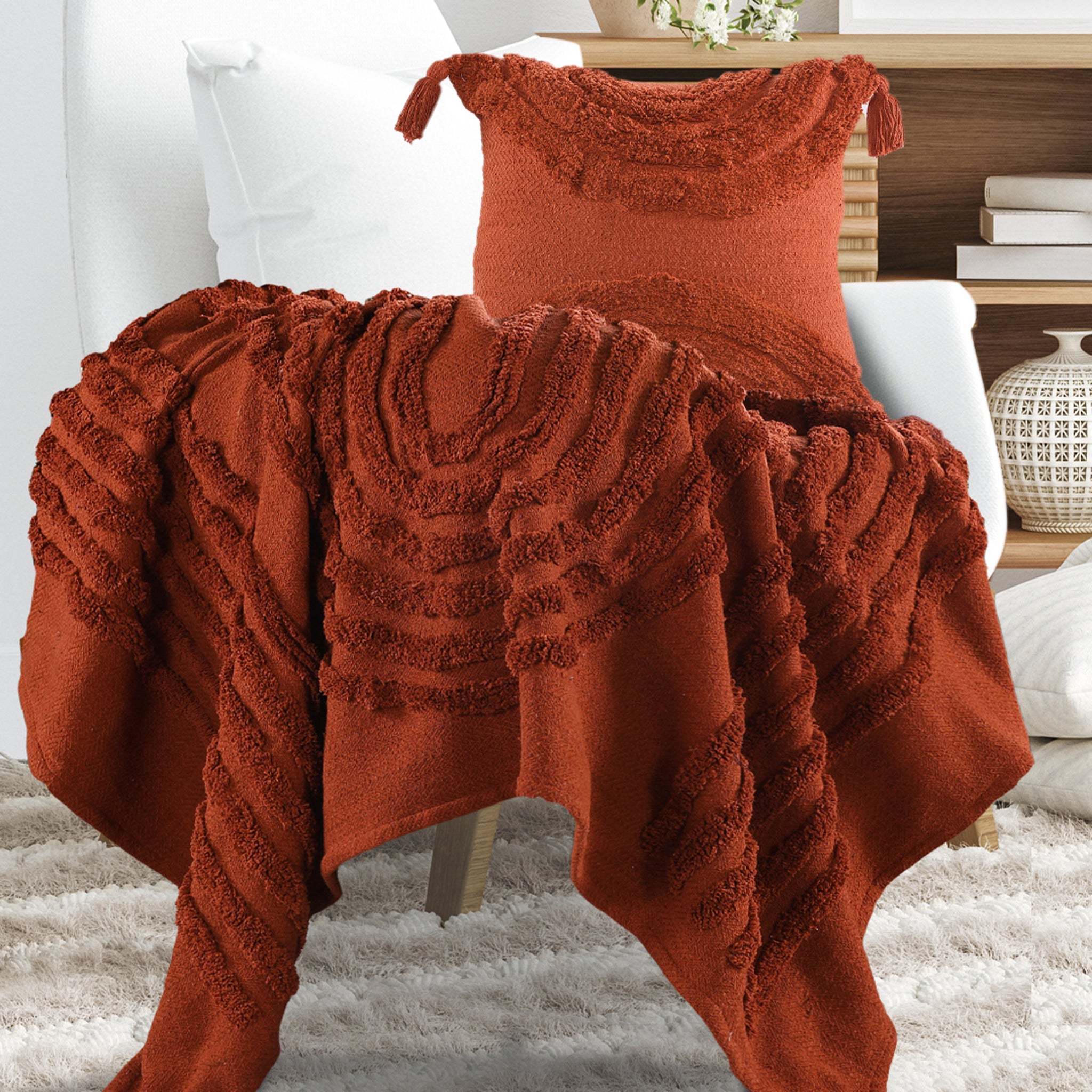 Cotton Tufted Throw and Cushion Cover Set