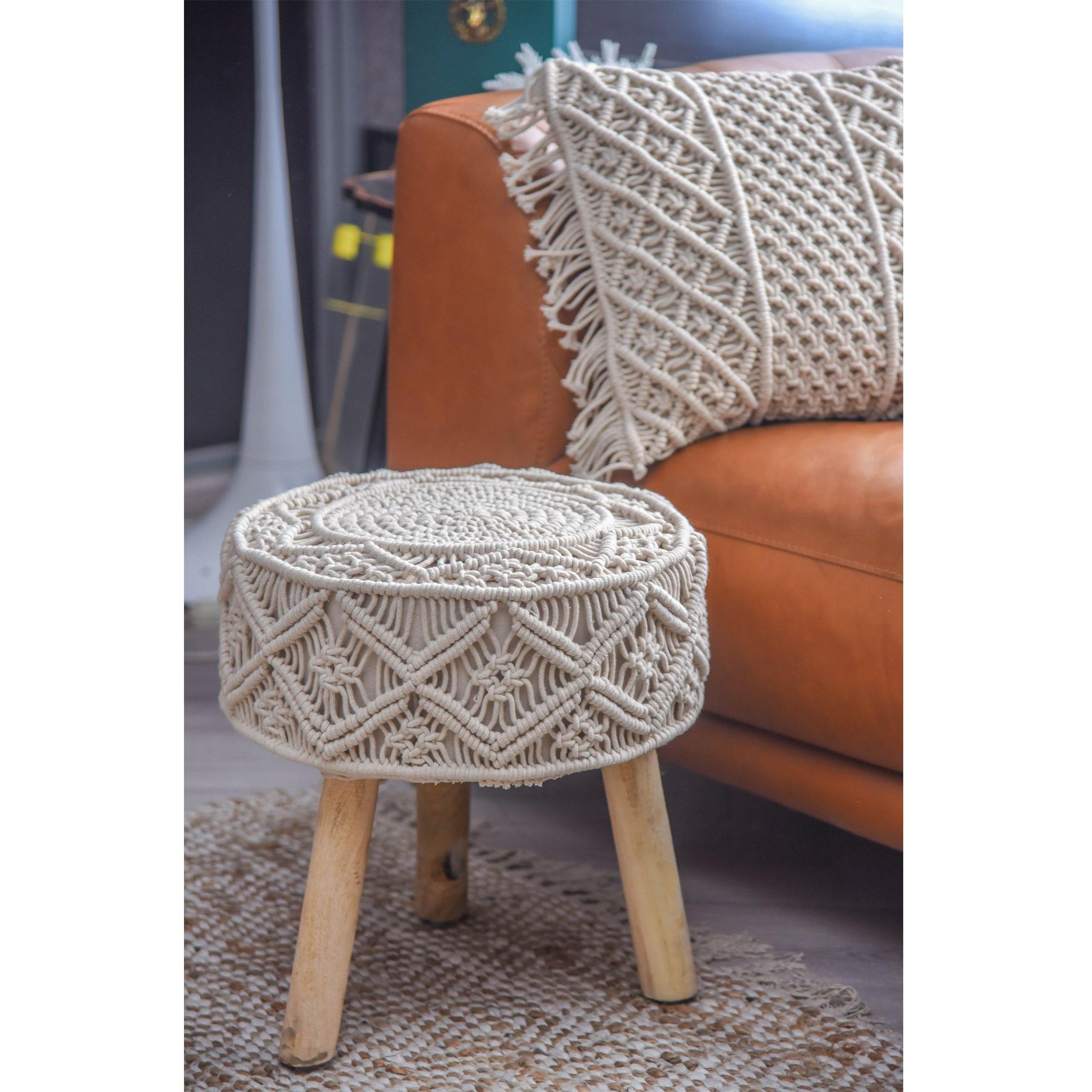 Macrame stool store with wooden legs