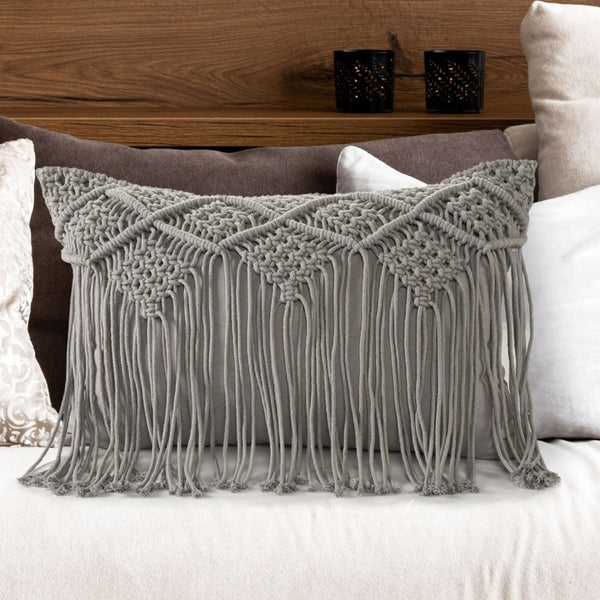 Grey Macrame Cushion with fringes - Sashaa World 